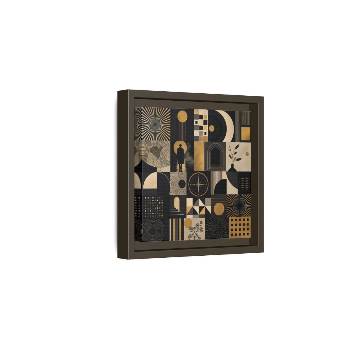 Side Mockup 2. Vintage Geometric Collage Black Gold Abstract shown as stretched canvas wall art