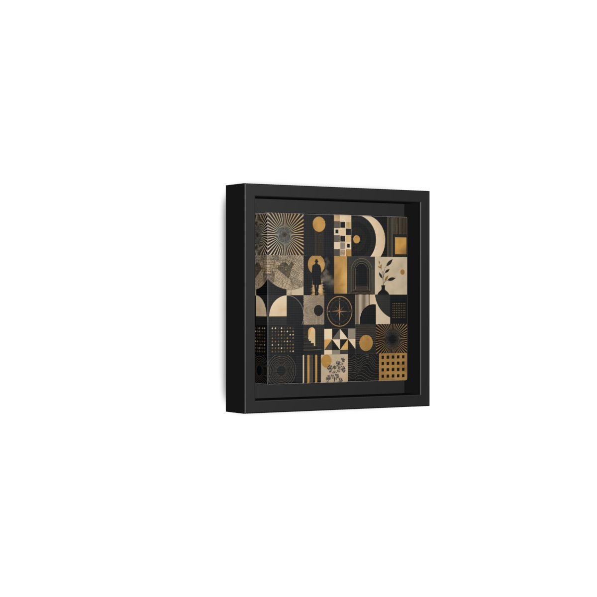 Side Mockup 24. Vintage Geometric Collage Black Gold Abstract shown as stretched canvas wall art