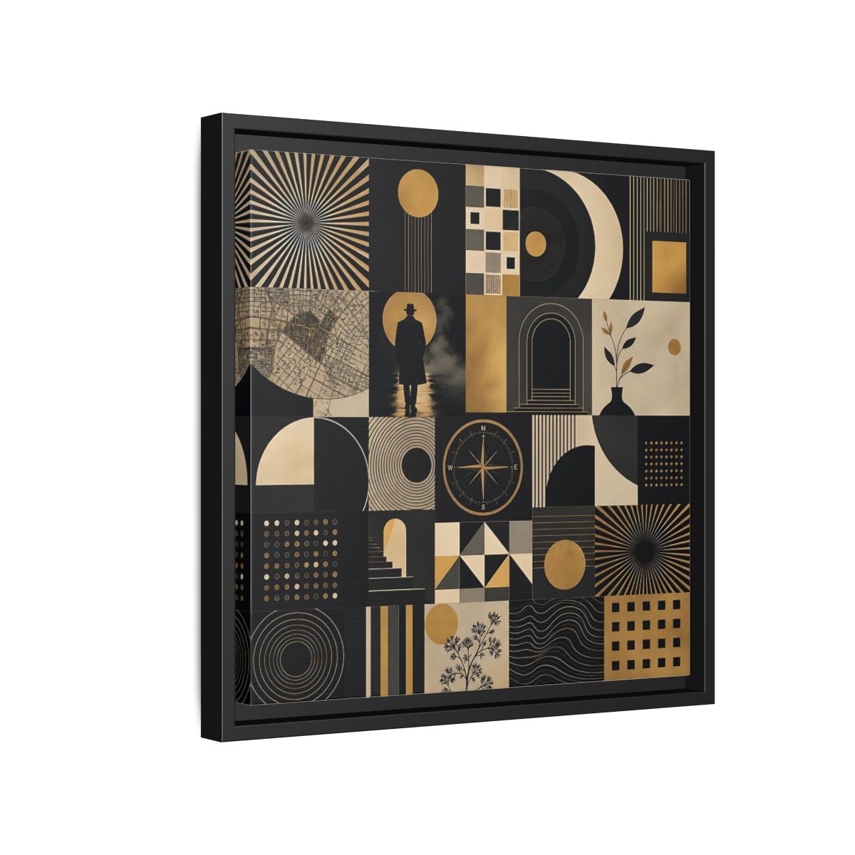 Side Mockup 15. Vintage Geometric Collage Black Gold Abstract shown as stretched canvas wall art