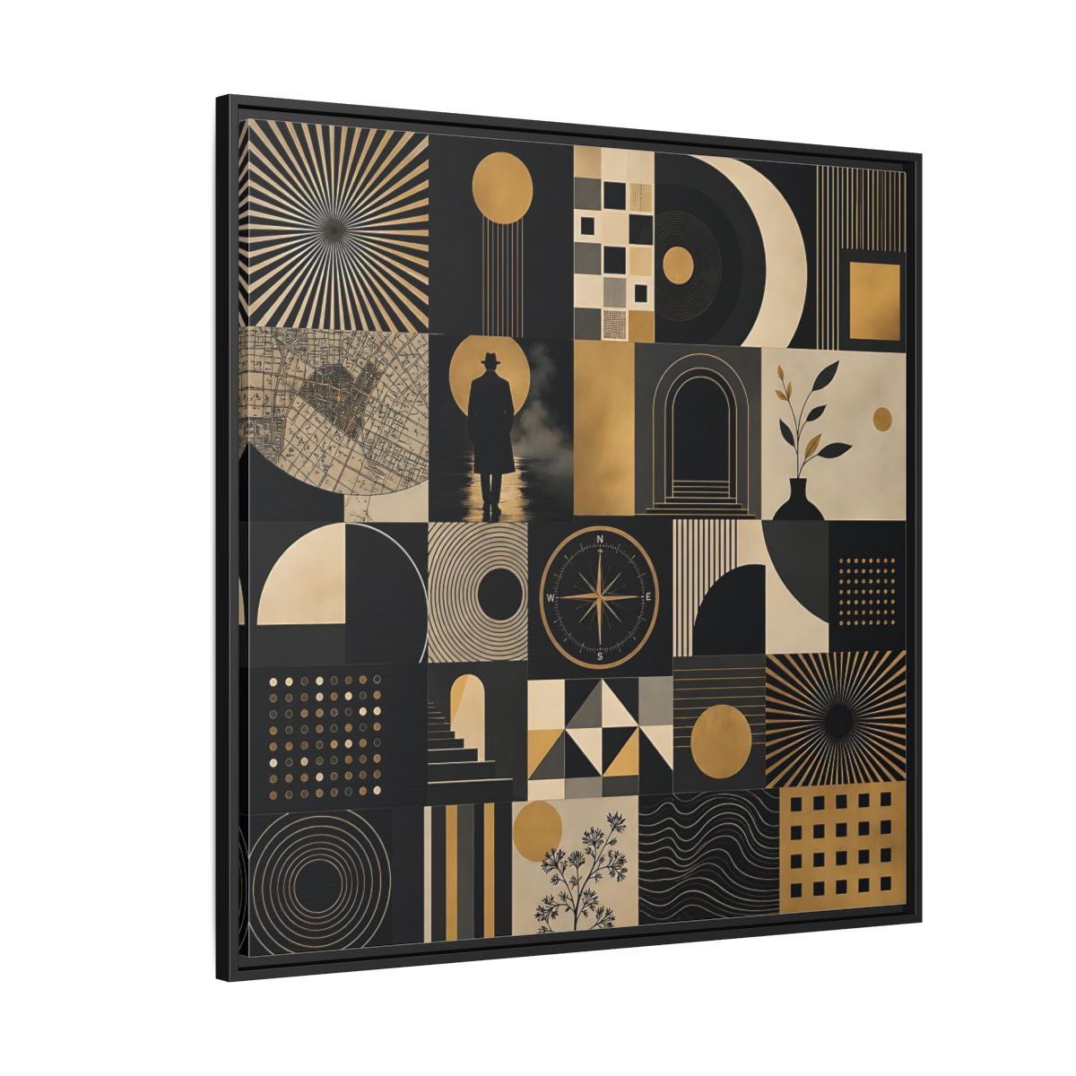 Side Mockup 6. Vintage Geometric Collage Black Gold Abstract shown as stretched canvas wall art