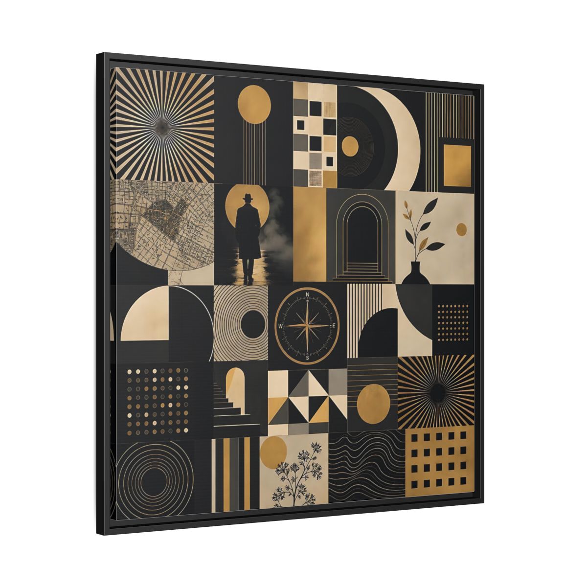 Side Mockup 30. Vintage Geometric Collage Black Gold Abstract shown as stretched canvas wall art