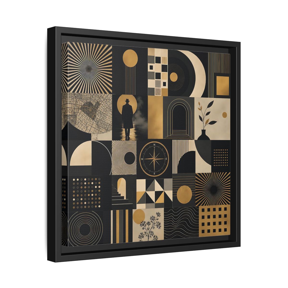 Side Mockup 32. Vintage Geometric Collage Black Gold Abstract shown as stretched canvas wall art