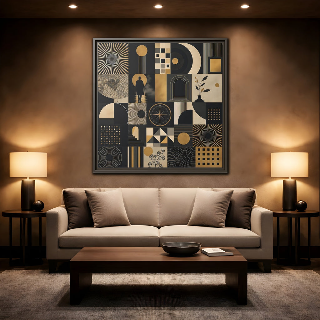 Mockup 2. Vintage Geometric Collage Black Gold Abstract shown as stretched canvas wall art