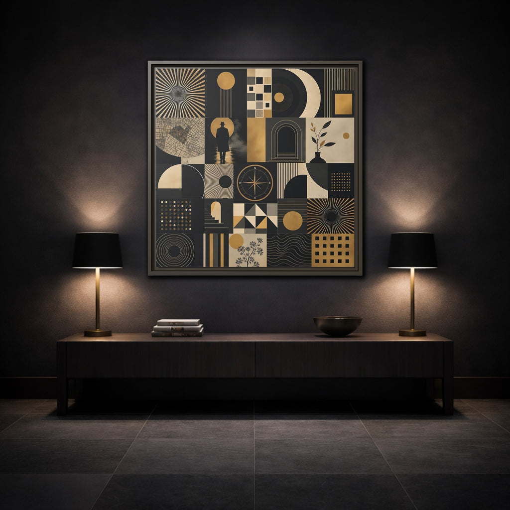 Mockup 3. Vintage Geometric Collage Black Gold Abstract shown as stretched canvas wall art
