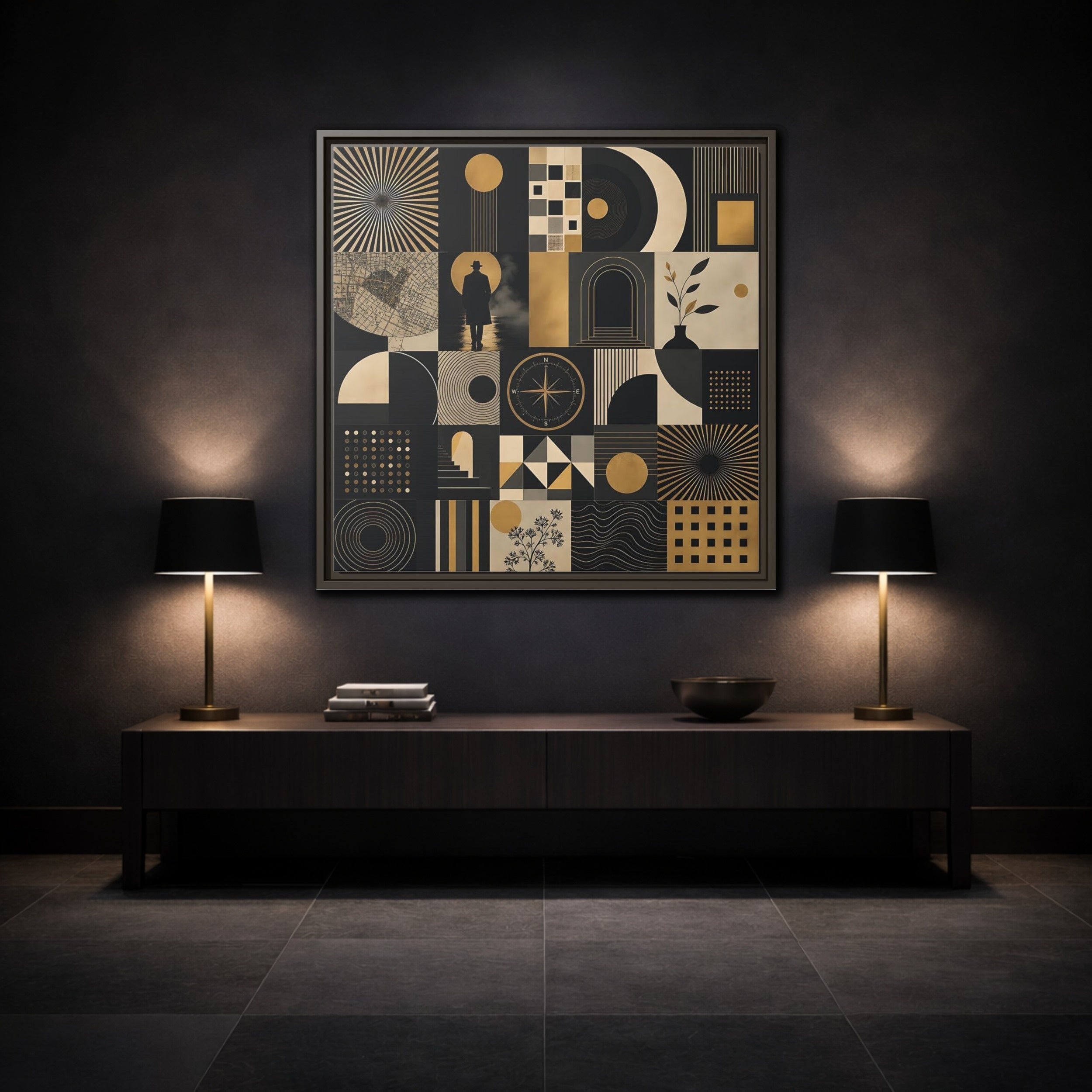 Mockup 3. Vintage Geometric Collage Black Gold Abstract shown as stretched canvas wall art