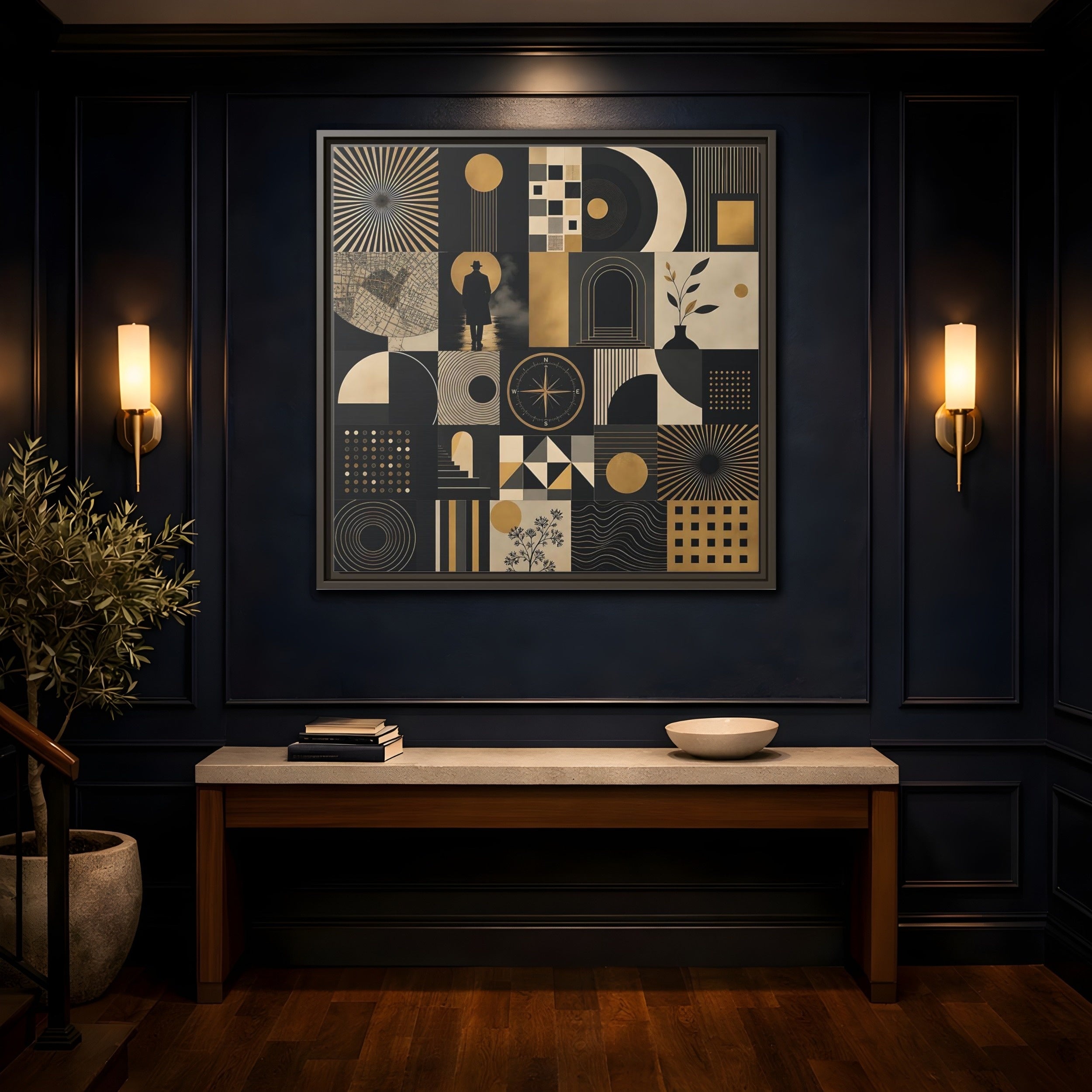 Mockup 4. Vintage Geometric Collage Black Gold Abstract shown as stretched canvas wall art