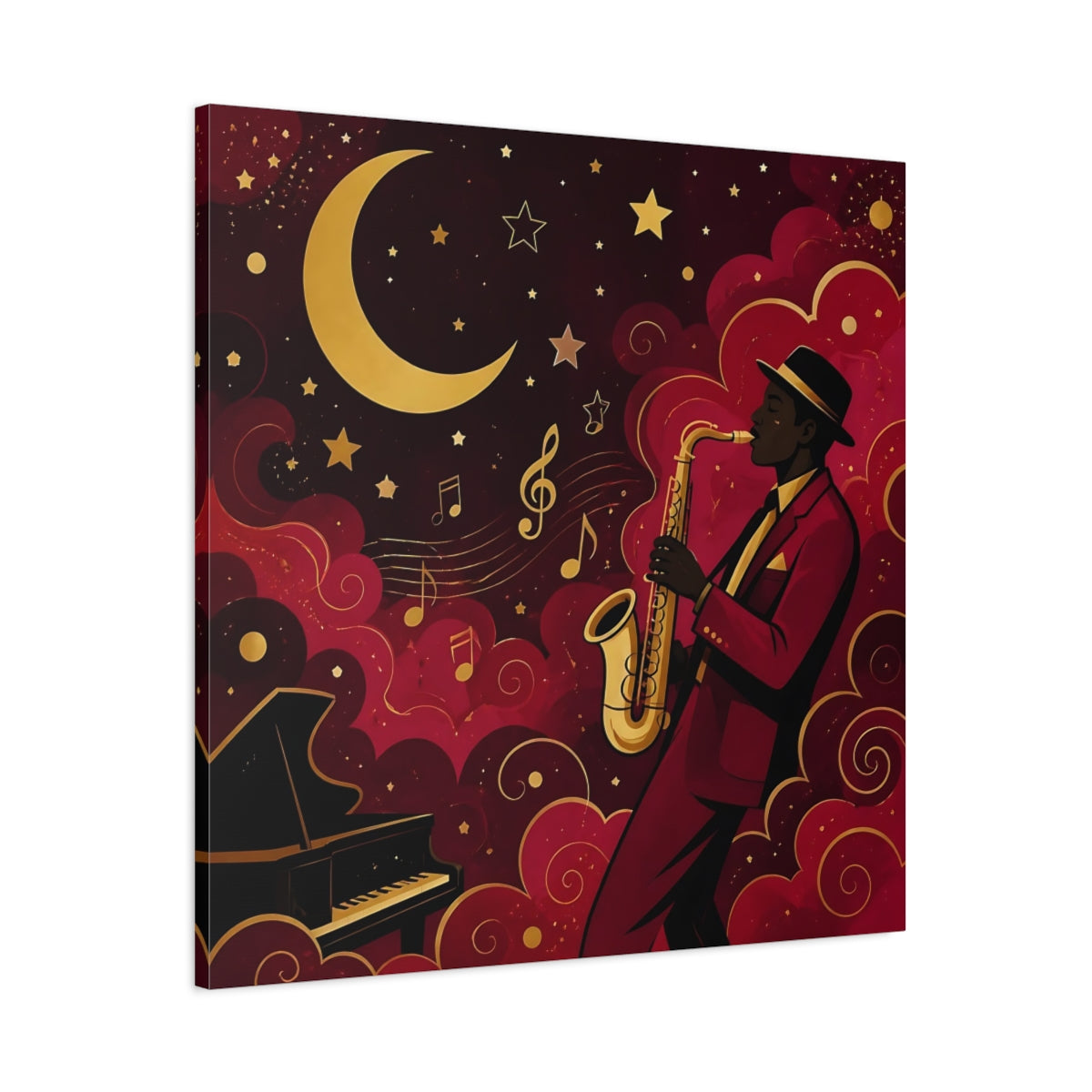 Main Mockup. Vintage Saxophonist Red And Gold Jazz shown as stretched canvas wall art