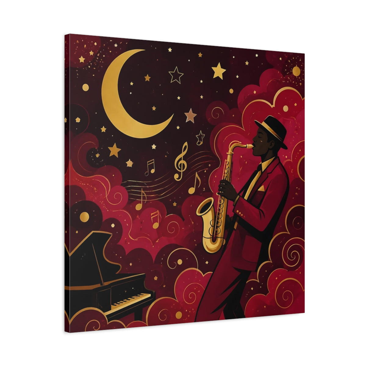 Side Mockup 3. Vintage Saxophonist Red And Gold Jazz shown as stretched canvas wall art