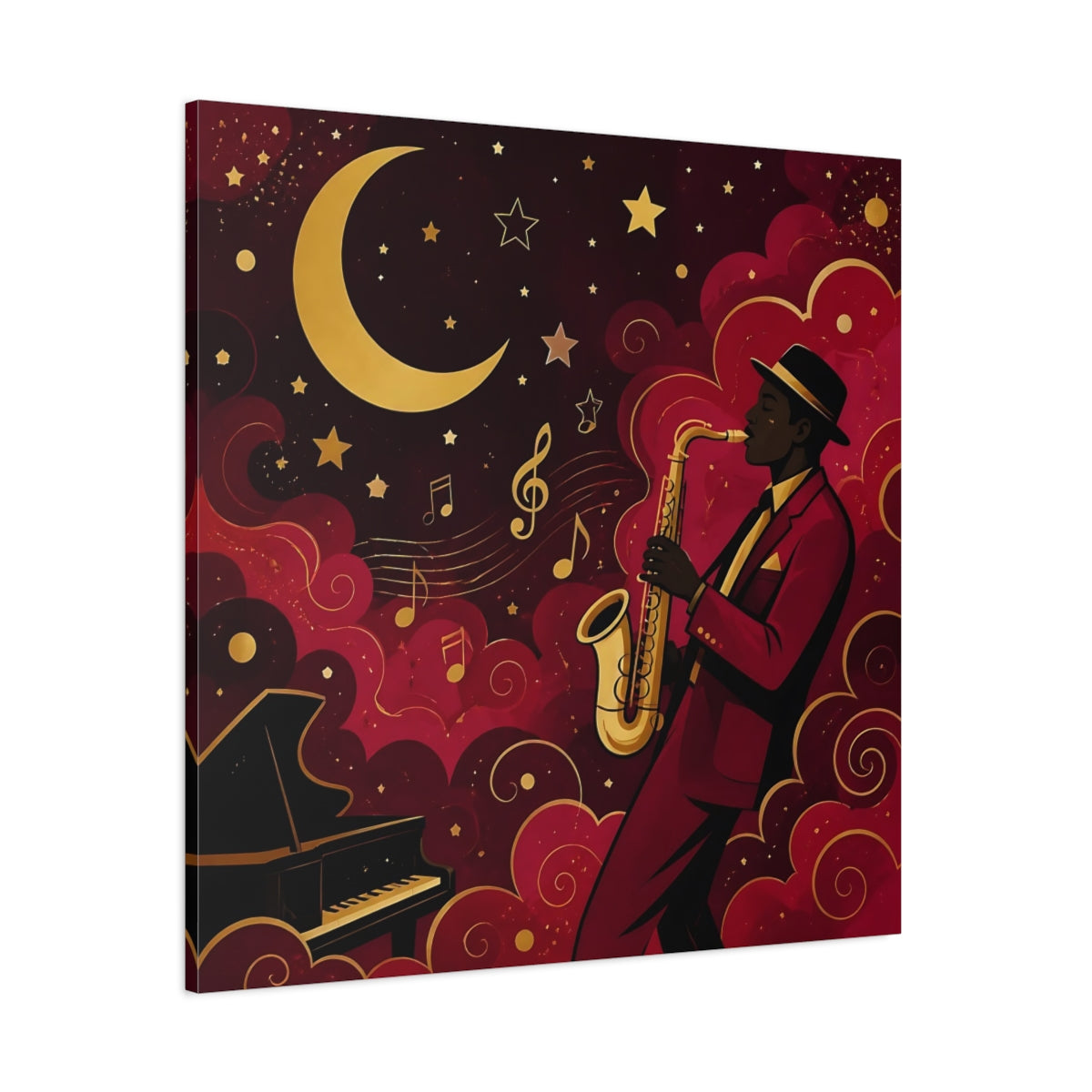 Side Mockup 1. Vintage Saxophonist Red And Gold Jazz shown as stretched canvas wall art