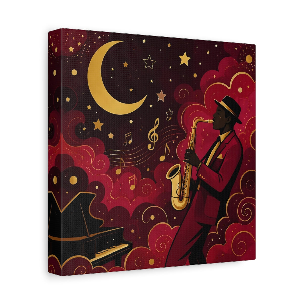 Side Mockup 9. Vintage Saxophonist Red And Gold Jazz shown as stretched canvas wall art