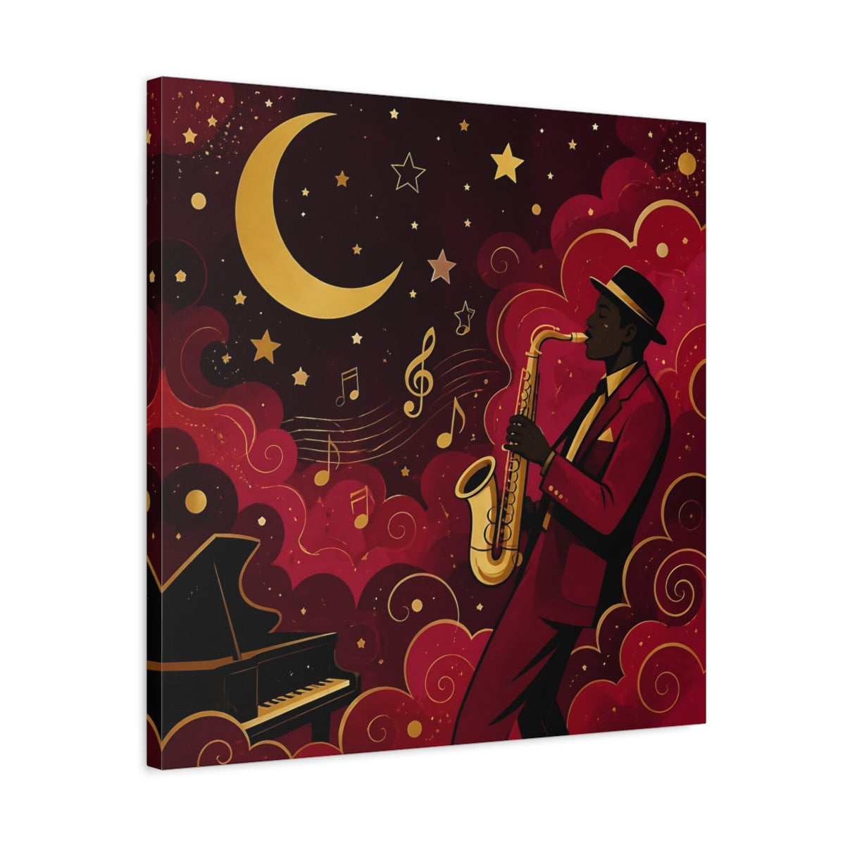 Side Mockup 4. Vintage Saxophonist Red And Gold Jazz shown as stretched canvas wall art