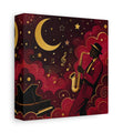 Side Mockup 2. Vintage Saxophonist Red And Gold Jazz shown as stretched canvas wall art