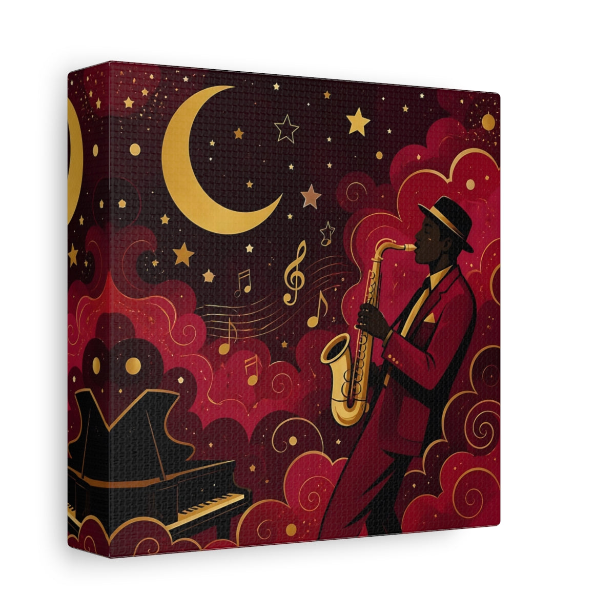Side Mockup 2. Vintage Saxophonist Red And Gold Jazz shown as stretched canvas wall art