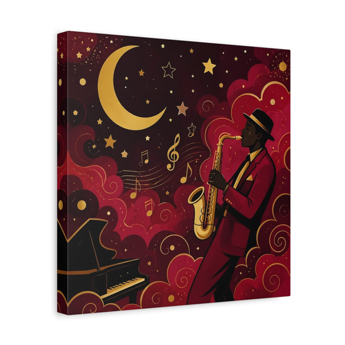 Side Mockup 7. Vintage Saxophonist Red And Gold Jazz shown as stretched canvas wall art