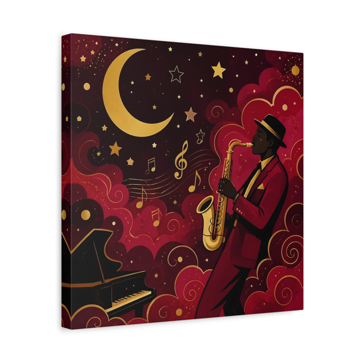 Side Mockup 6. Vintage Saxophonist Red And Gold Jazz shown as stretched canvas wall art