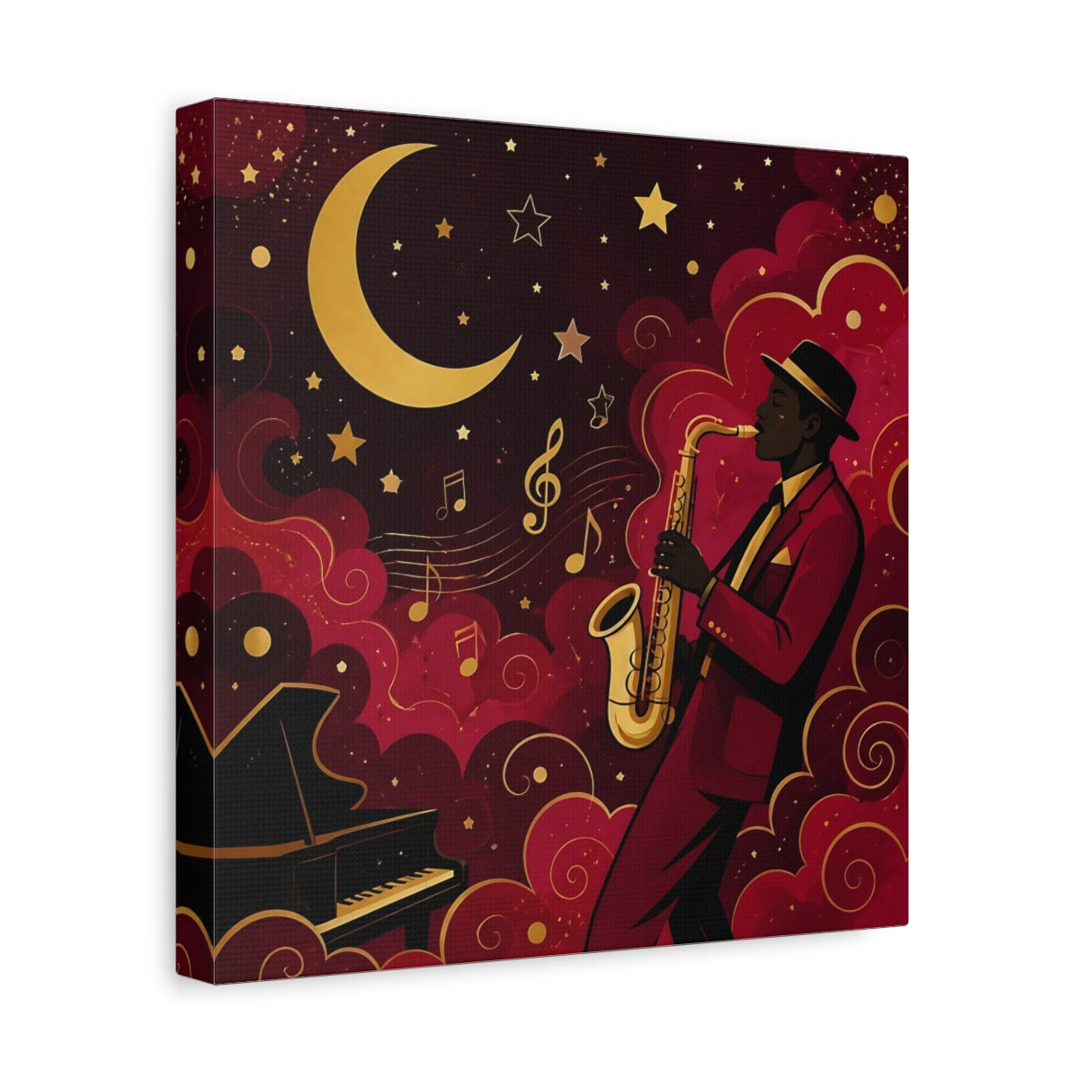 Side Mockup 8. Vintage Saxophonist Red And Gold Jazz shown as stretched canvas wall art