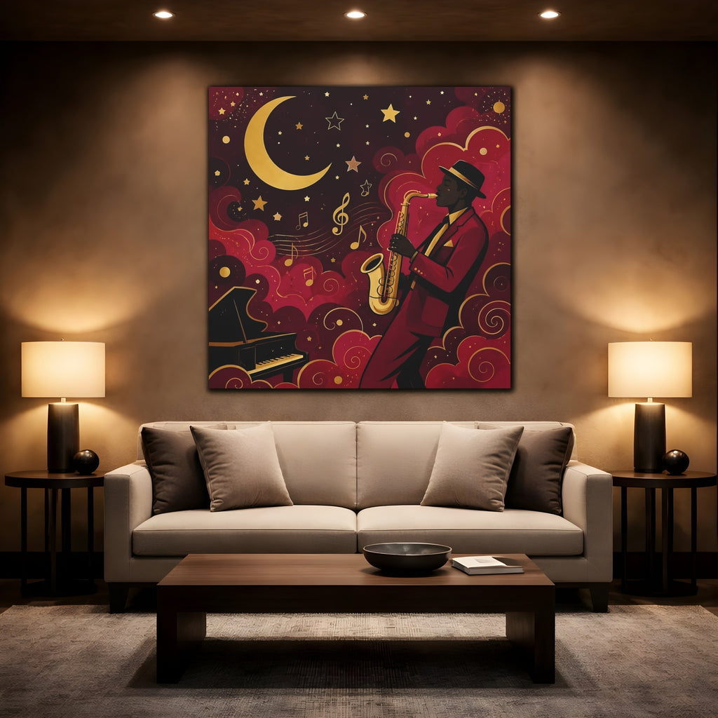 Mockup 2. Vintage Saxophonist Red And Gold Jazz shown as stretched canvas wall art