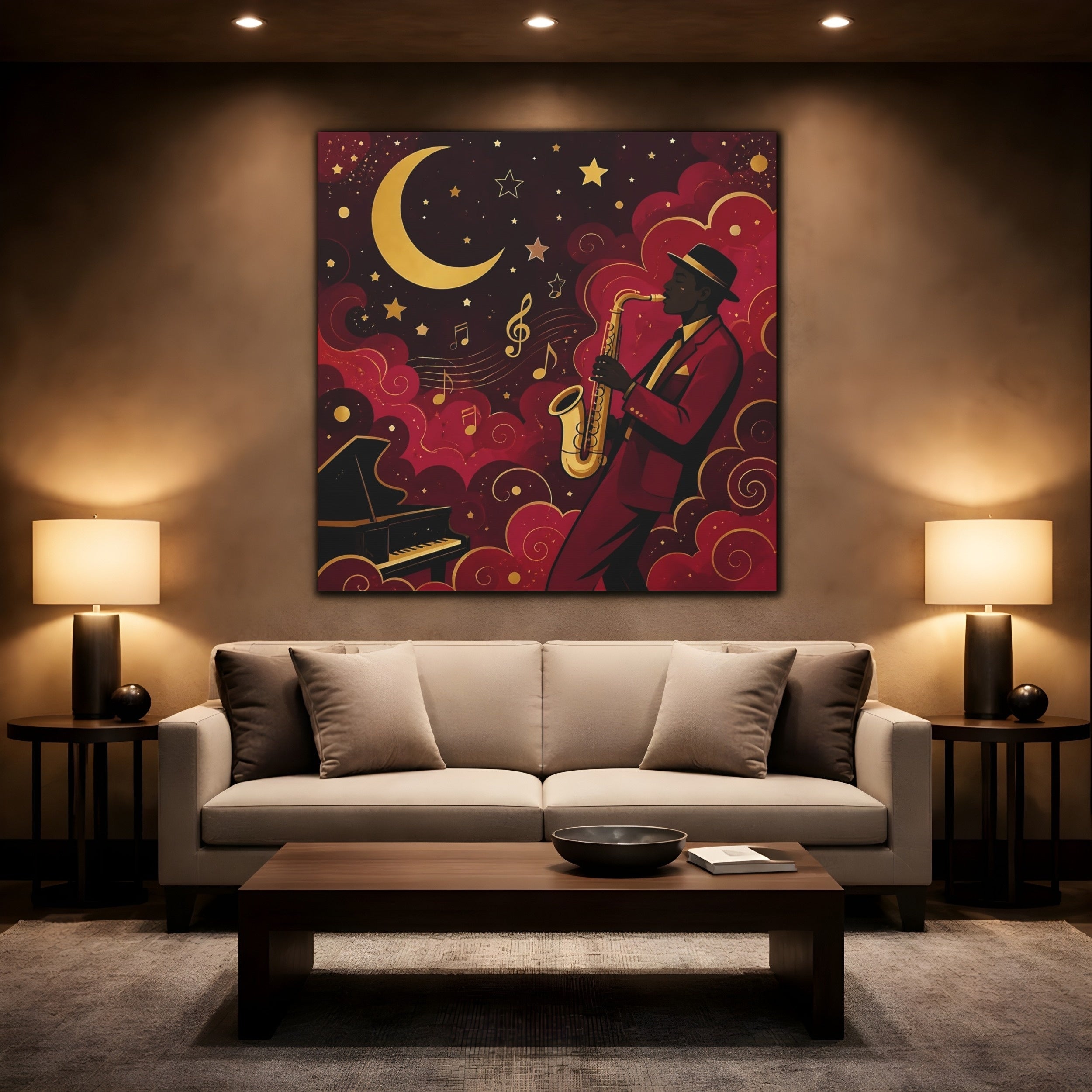 Mockup 2. Vintage Saxophonist Red And Gold Jazz shown as stretched canvas wall art