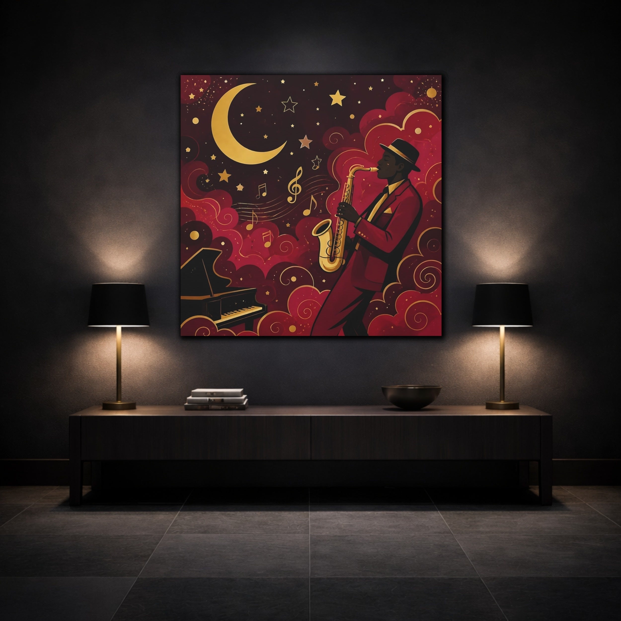 Mockup 3. Vintage Saxophonist Red And Gold Jazz shown as stretched canvas wall art