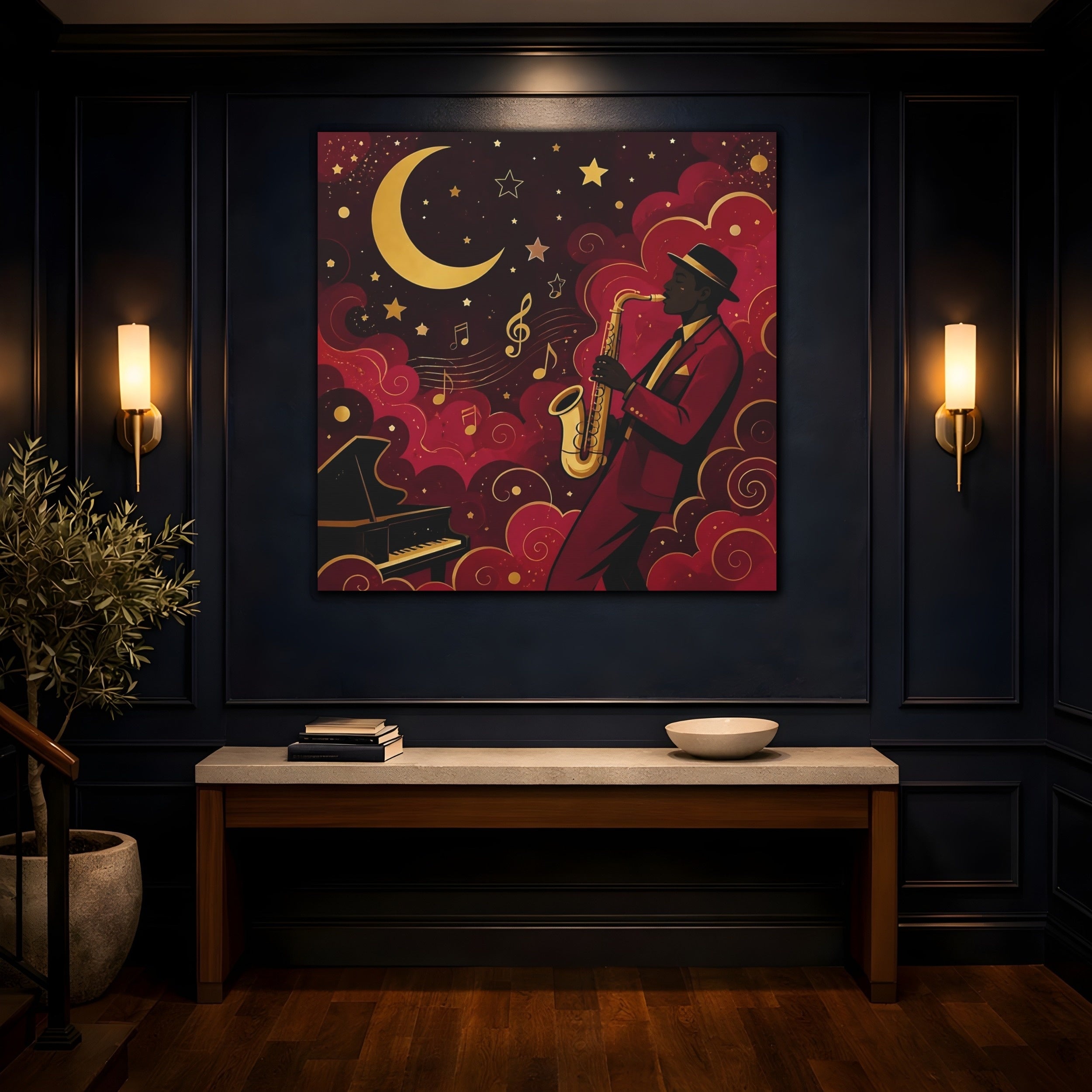 Mockup 4. Vintage Saxophonist Red And Gold Jazz shown as stretched canvas wall art