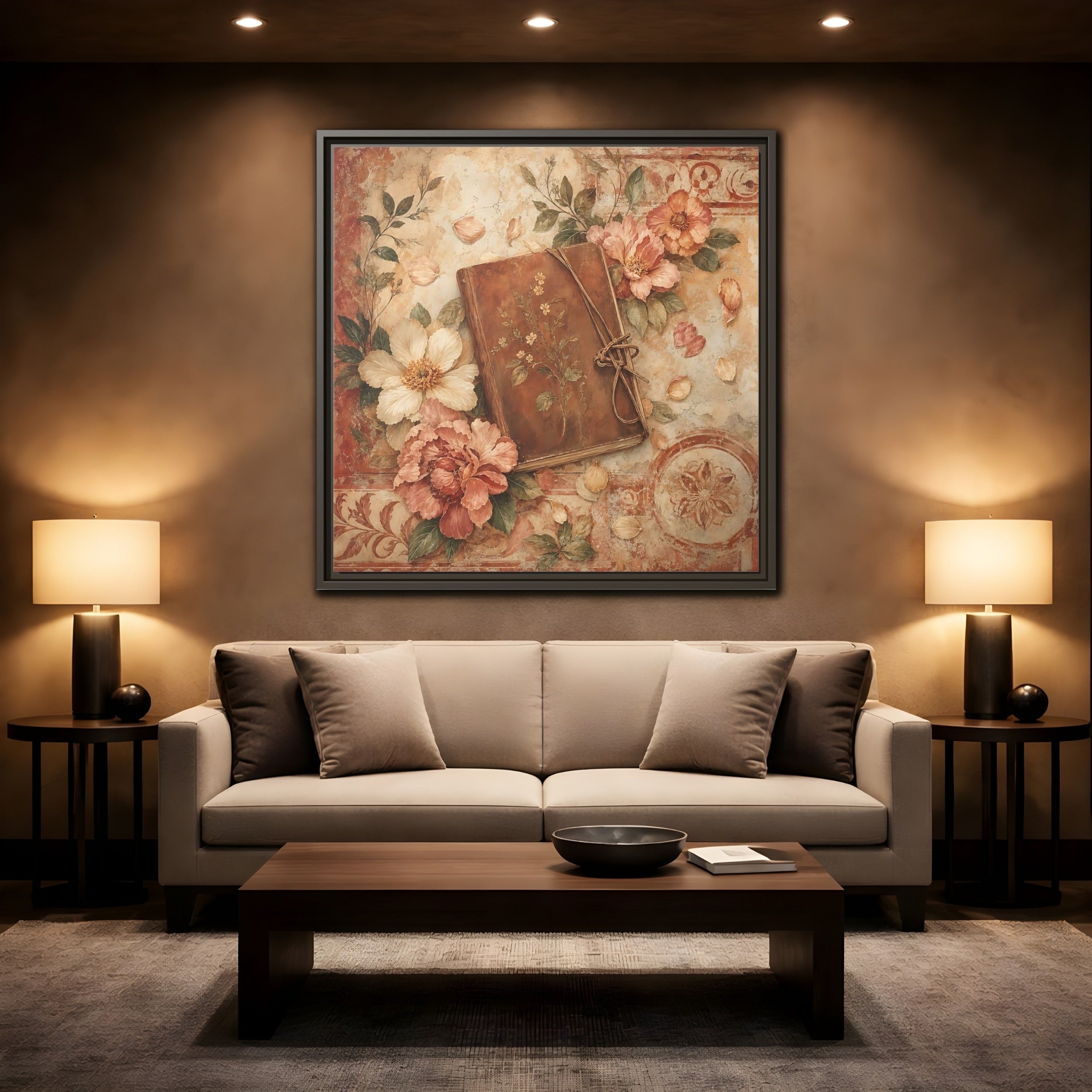 Mockup 2. Vintage Vintage Book Vintage Floral Book shown as stretched canvas wall art