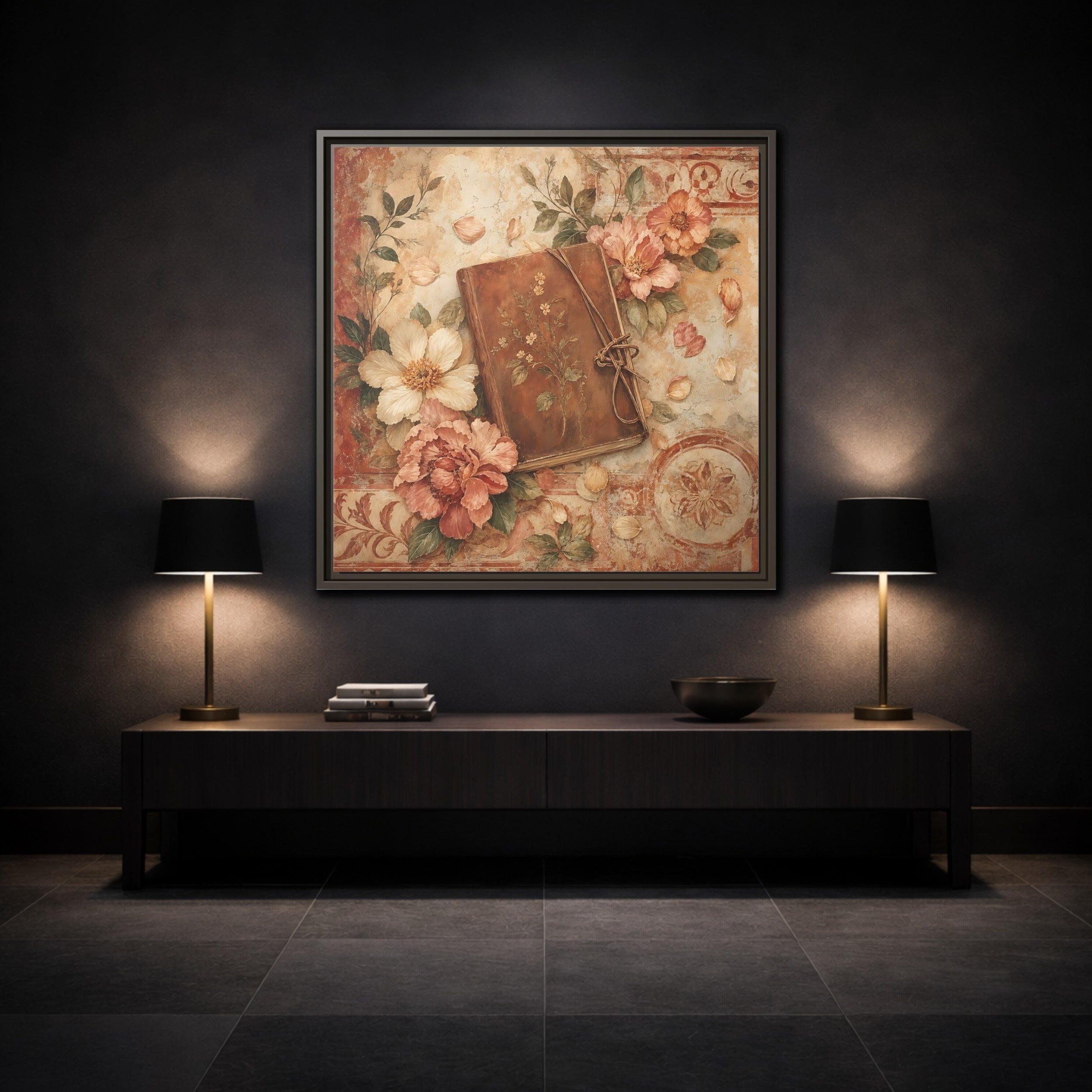 Mockup 3. Vintage Vintage Book Vintage Floral Book shown as stretched canvas wall art