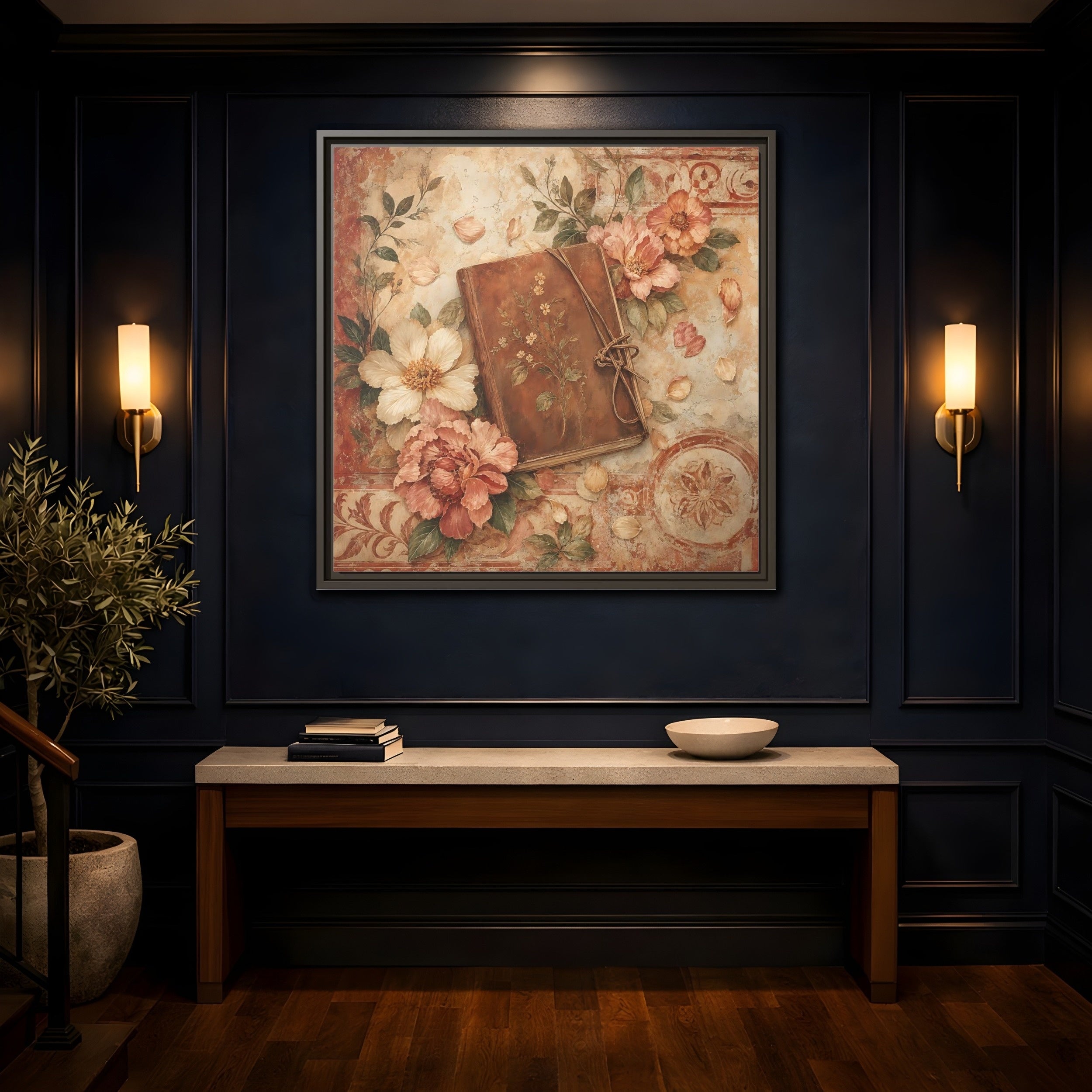 Mockup 4. Vintage Vintage Book Vintage Floral Book shown as stretched canvas wall art