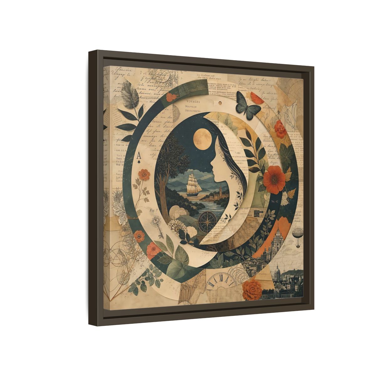 Side Mockup 14. Vintage Voyage Scene Vintage Collage shown as stretched canvas wall art