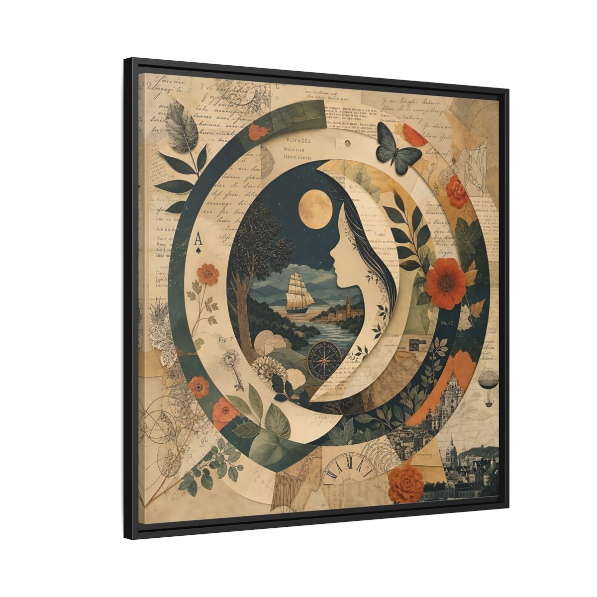 Side Mockup 9. Vintage Voyage Scene Vintage Collage shown as stretched canvas wall art