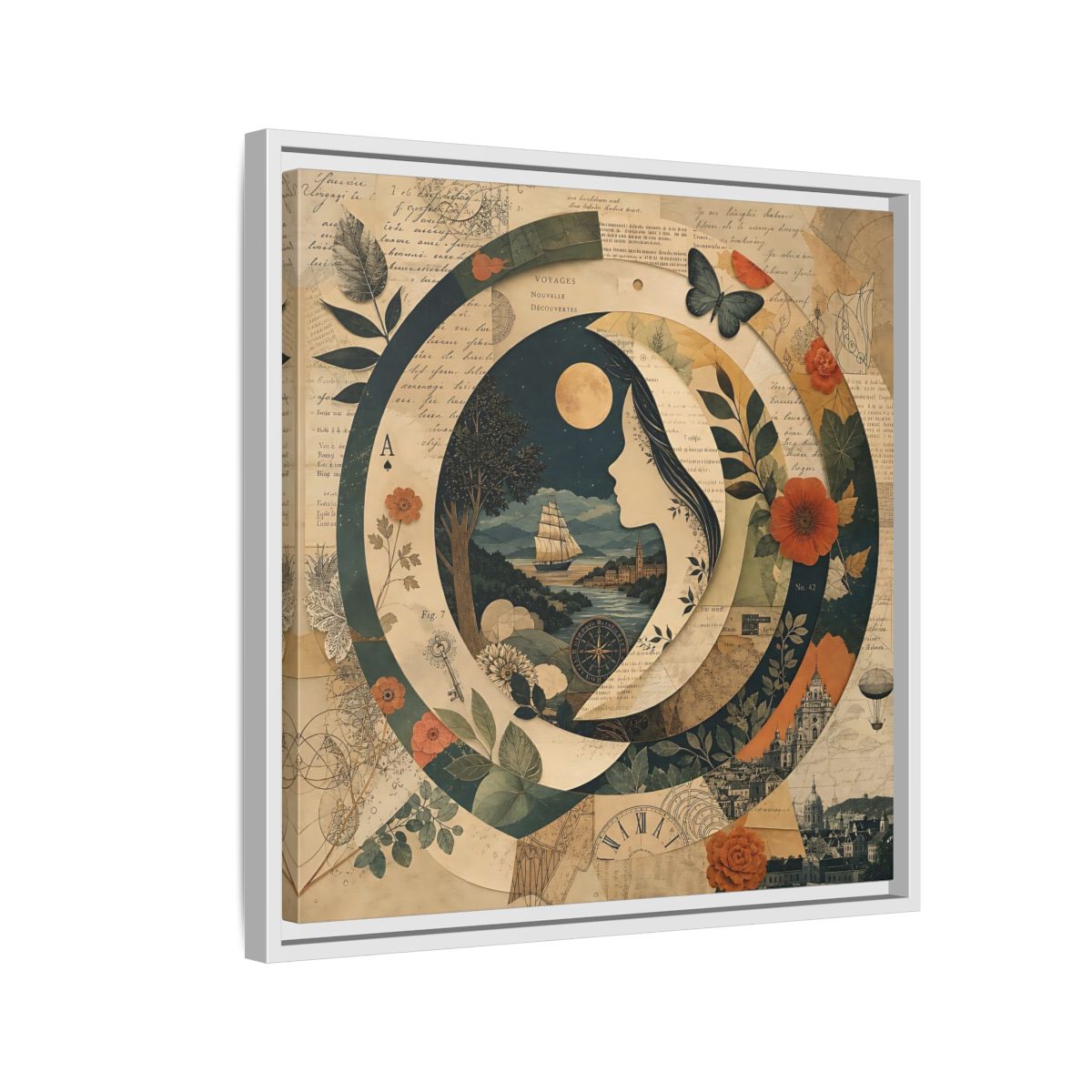 Side Mockup 10. Vintage Voyage Scene Vintage Collage shown as stretched canvas wall art