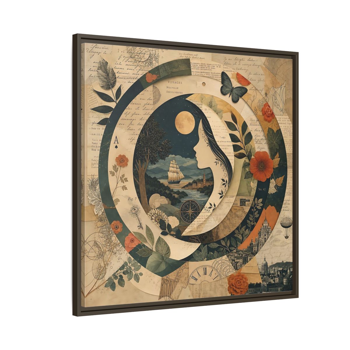 Side Mockup 8. Vintage Voyage Scene Vintage Collage shown as stretched canvas wall art