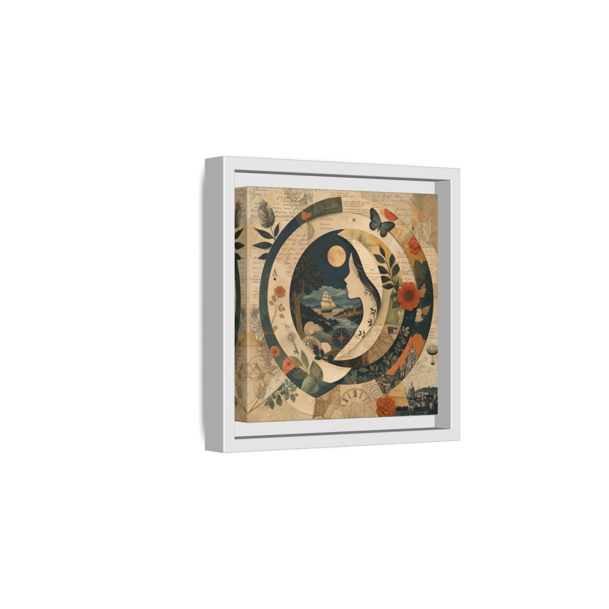 Side Mockup 1. Vintage Voyage Scene Vintage Collage shown as stretched canvas wall art
