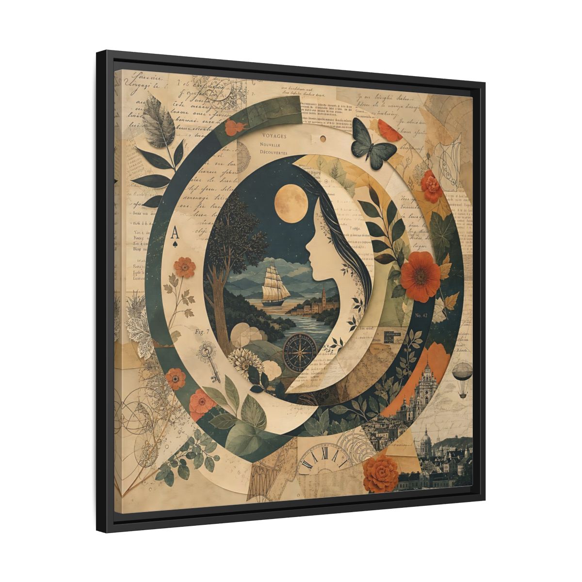 Side Mockup 31. Vintage Voyage Scene Vintage Collage shown as stretched canvas wall art