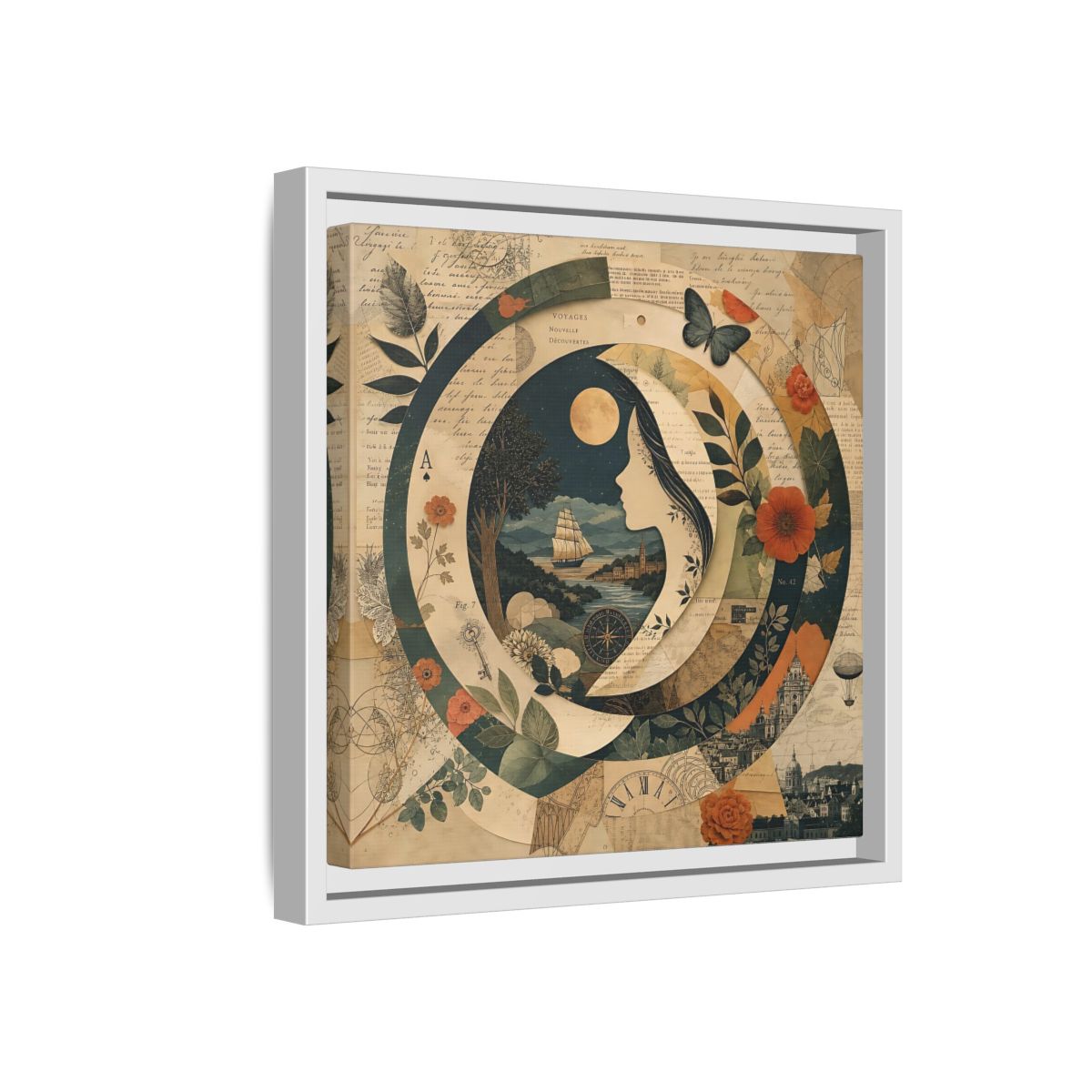 Side Mockup 16. Vintage Voyage Scene Vintage Collage shown as stretched canvas wall art