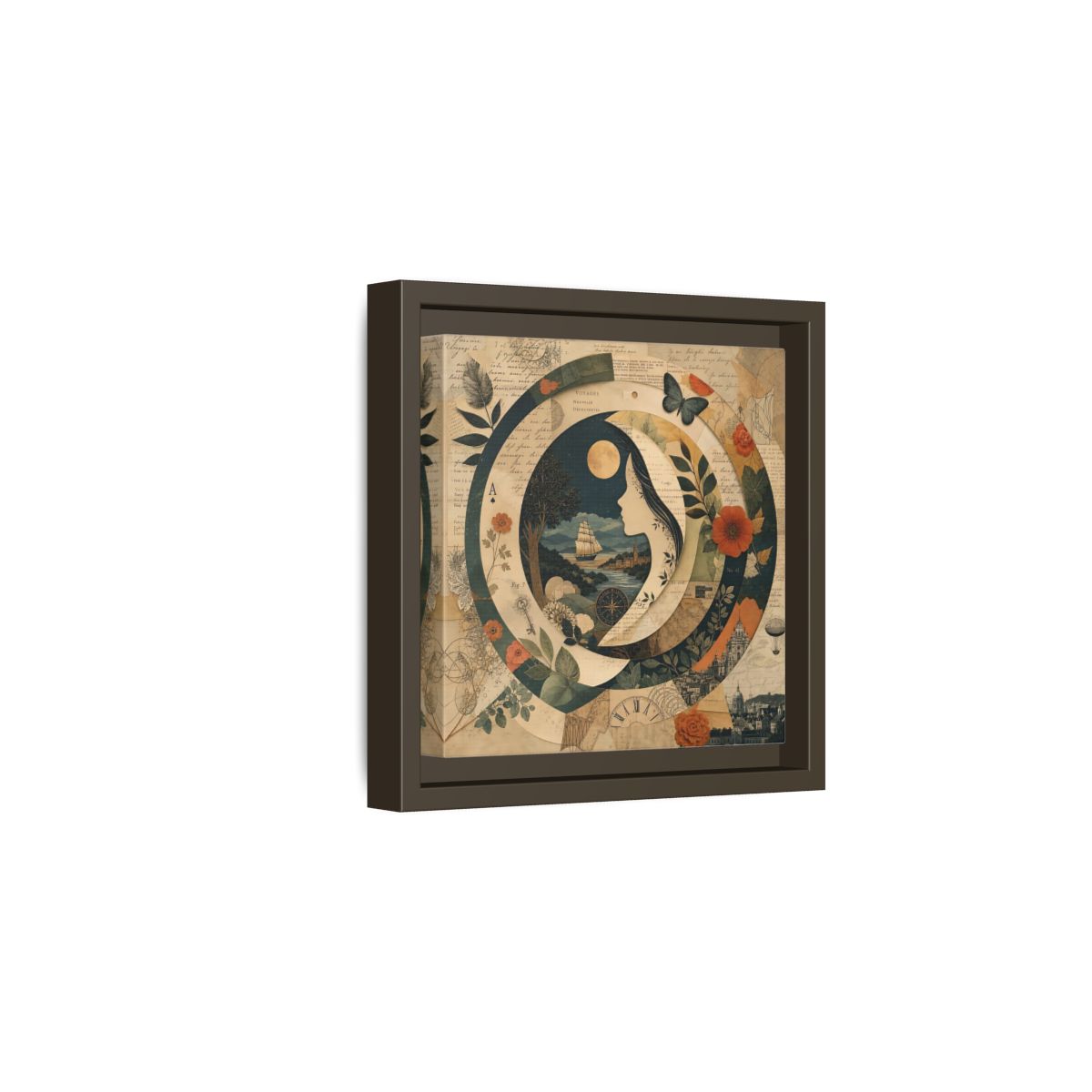 Side Mockup 2. Vintage Voyage Scene Vintage Collage shown as stretched canvas wall art