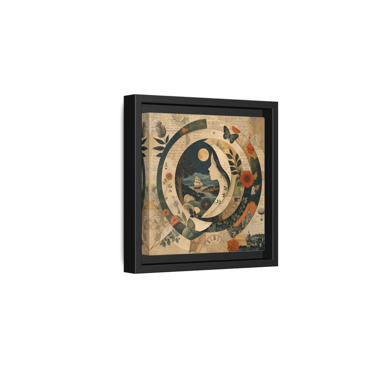 Side Mockup 3. Vintage Voyage Scene Vintage Collage shown as stretched canvas wall art