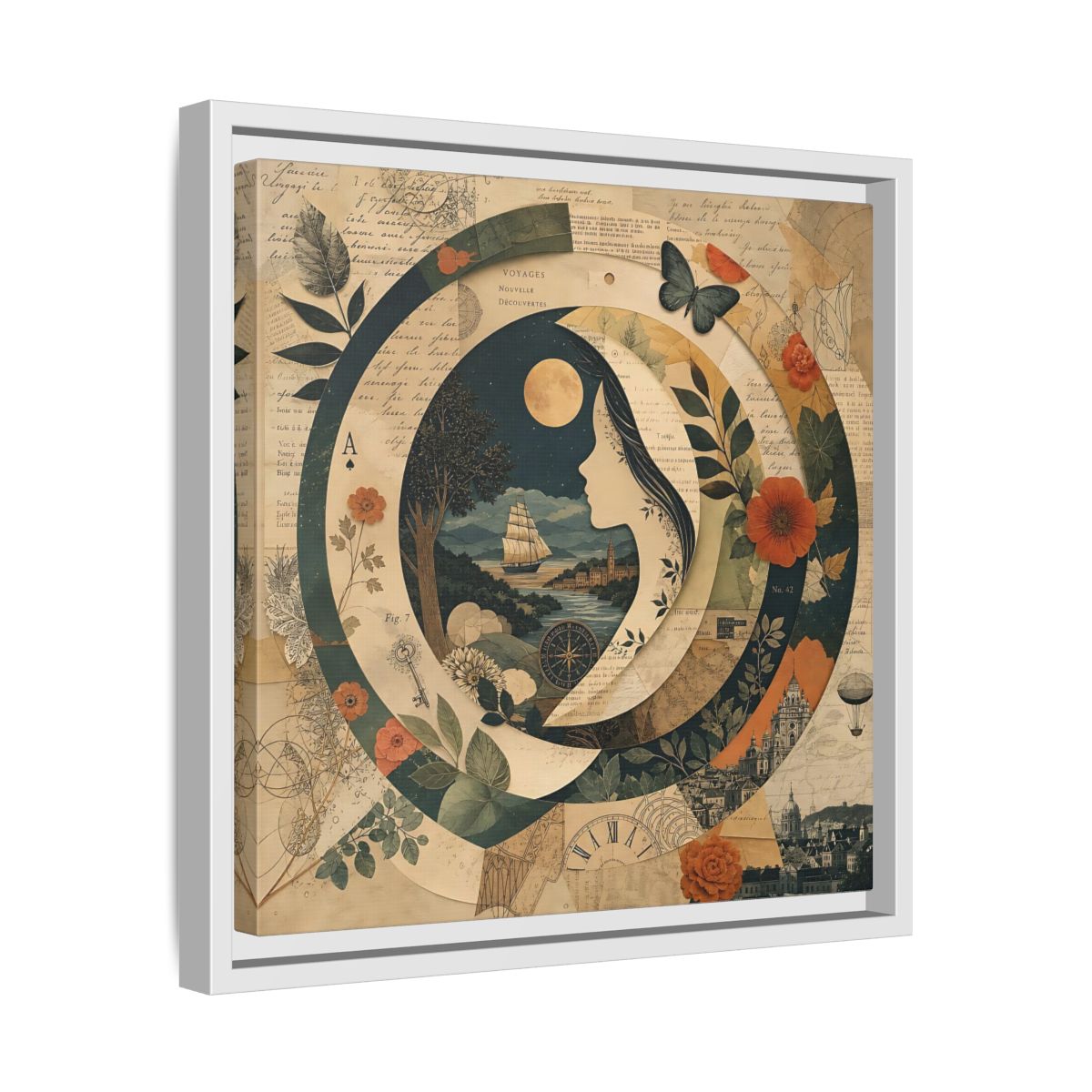 Side Mockup 28. Vintage Voyage Scene Vintage Collage shown as stretched canvas wall art