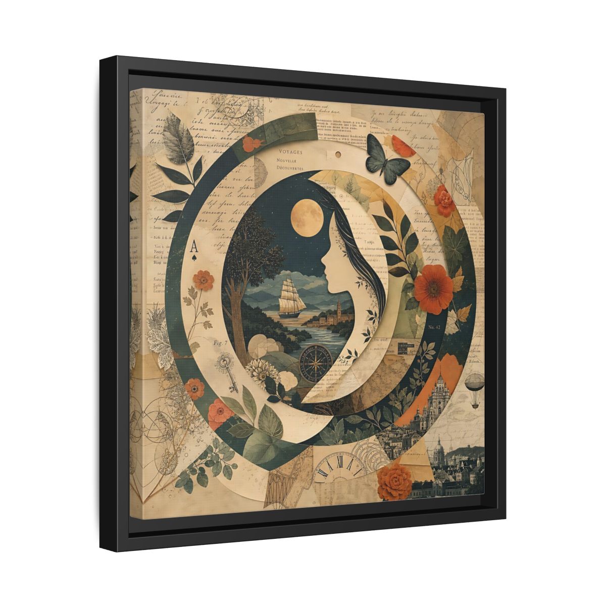 Side Mockup 32. Vintage Voyage Scene Vintage Collage shown as stretched canvas wall art