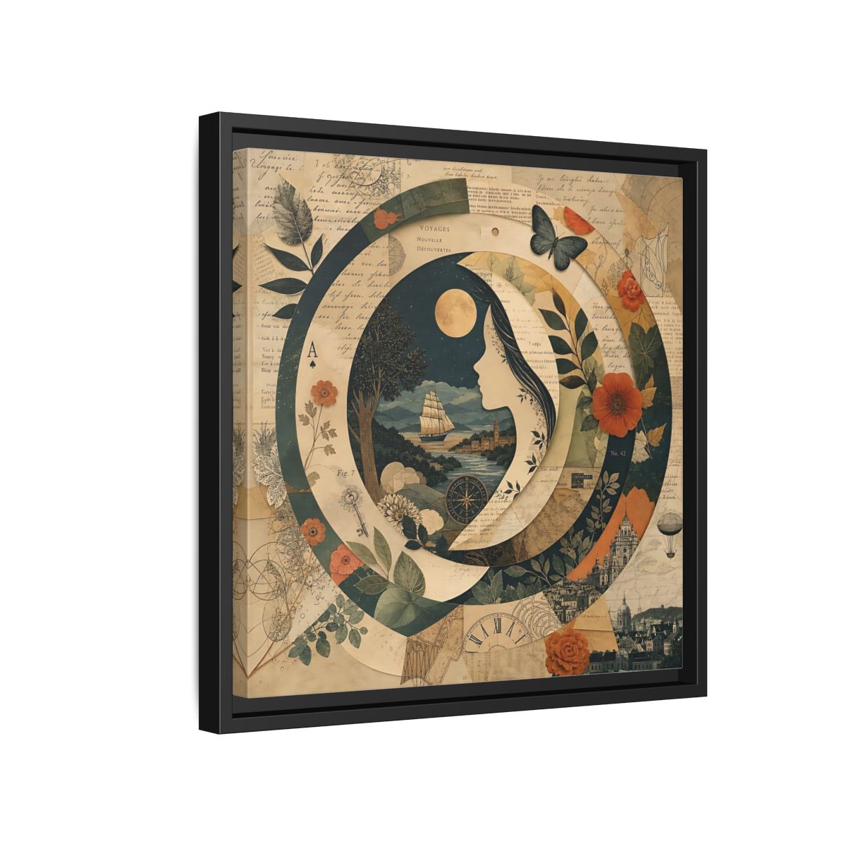 Side Mockup 15. Vintage Voyage Scene Vintage Collage shown as stretched canvas wall art
