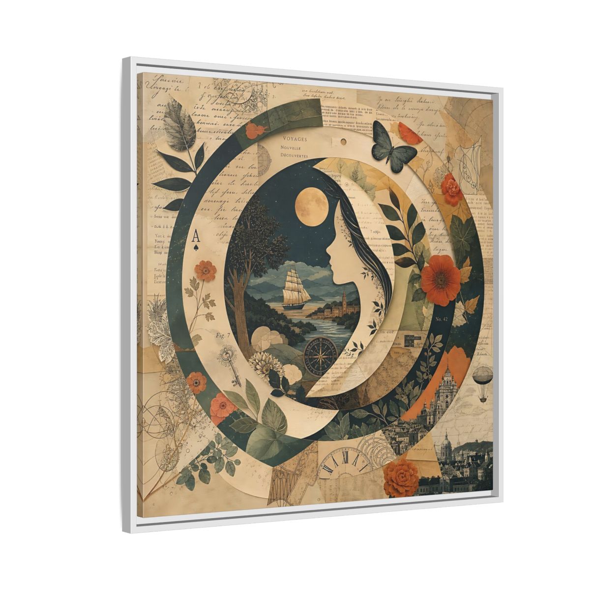 Side Mockup 7. Vintage Voyage Scene Vintage Collage shown as stretched canvas wall art