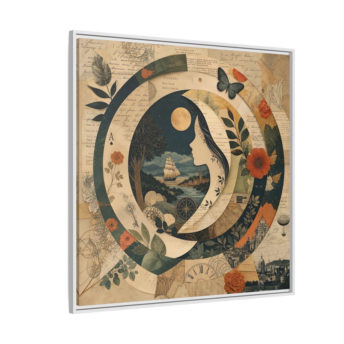 Side Mockup 4. Vintage Voyage Scene Vintage Collage shown as stretched canvas wall art