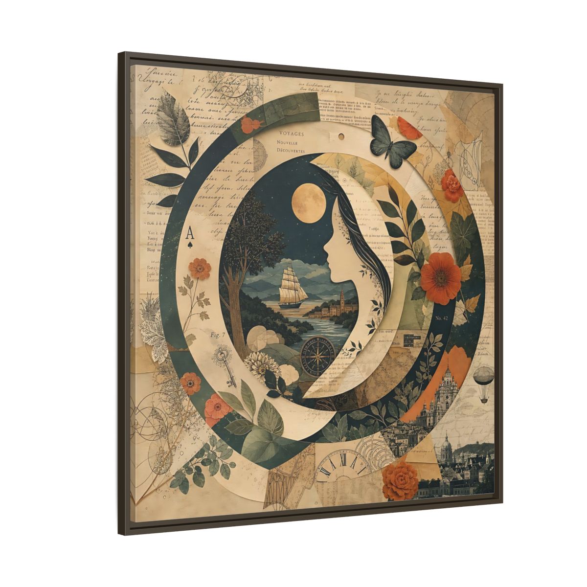 Side Mockup 5. Vintage Voyage Scene Vintage Collage shown as stretched canvas wall art