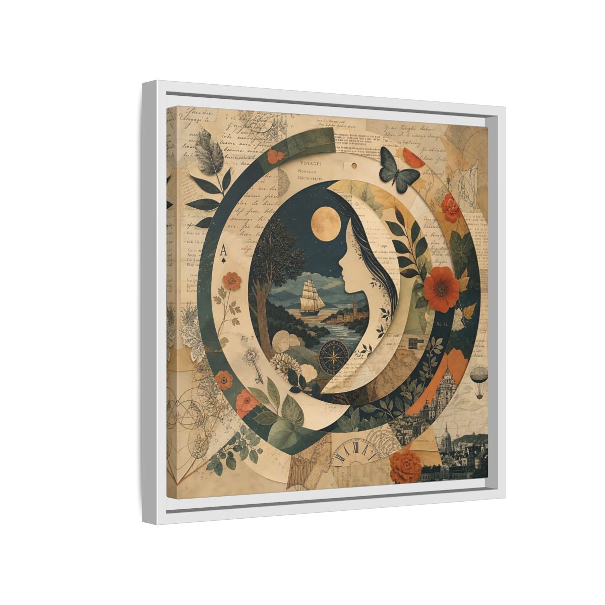Side Mockup 13. Vintage Voyage Scene Vintage Collage shown as stretched canvas wall art