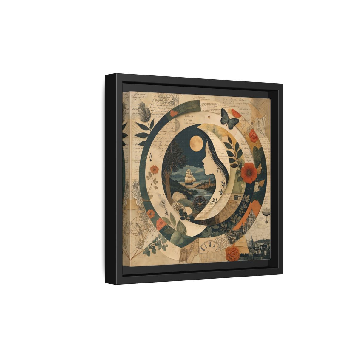 Side Mockup 21. Vintage Voyage Scene Vintage Collage shown as stretched canvas wall art