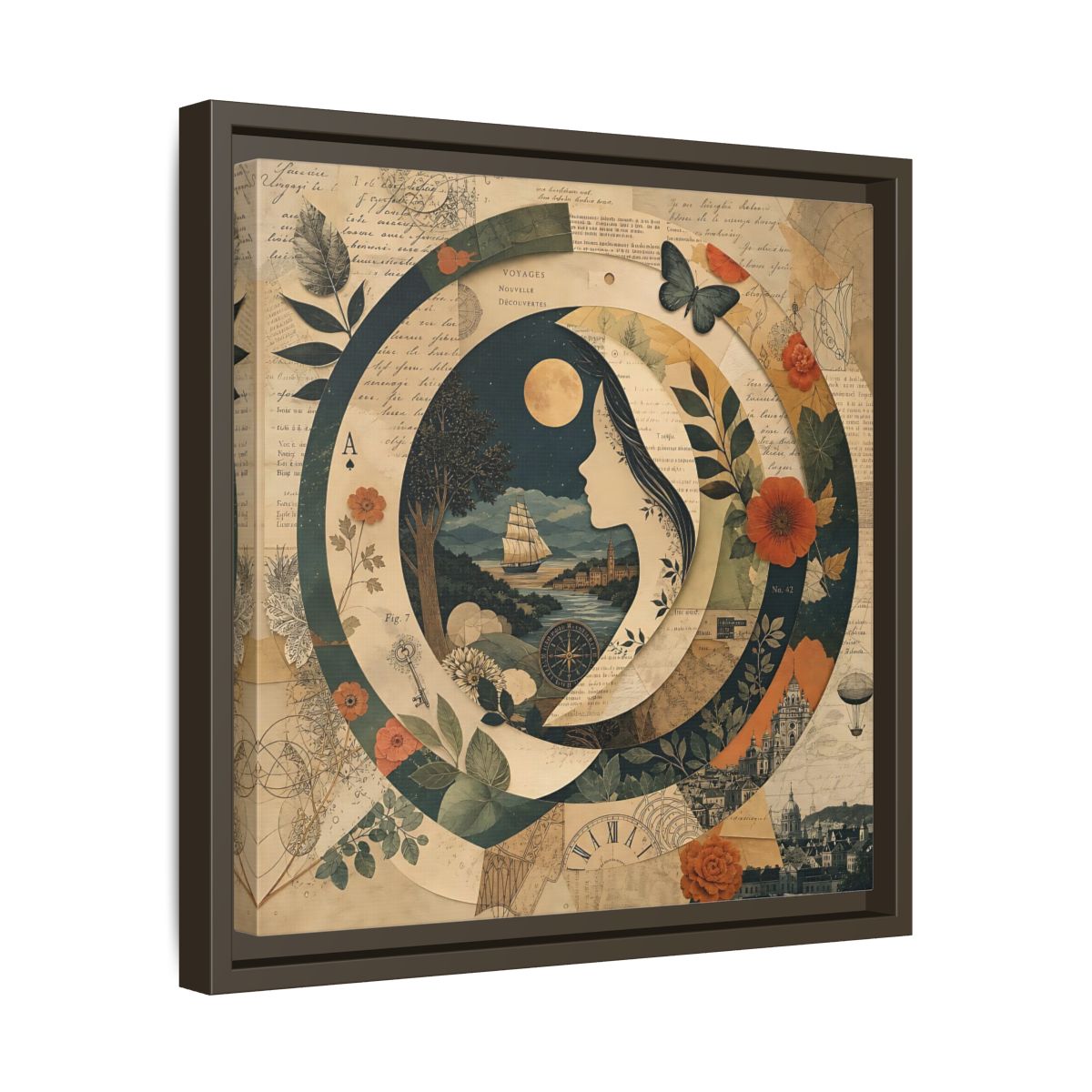Side Mockup 29. Vintage Voyage Scene Vintage Collage shown as stretched canvas wall art