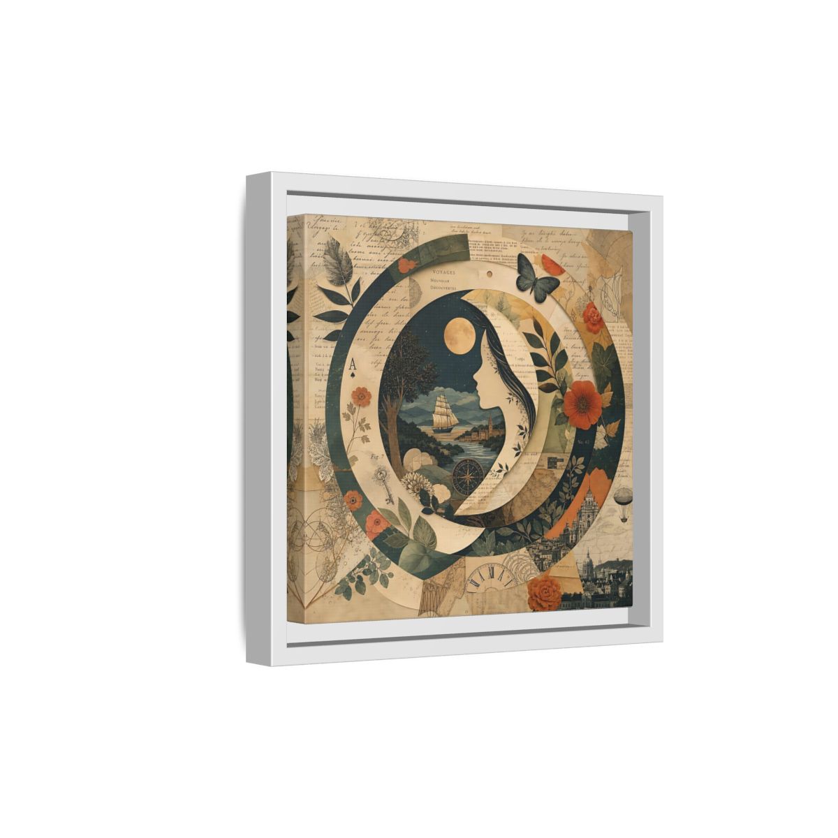Side Mockup 19. Vintage Voyage Scene Vintage Collage shown as stretched canvas wall art