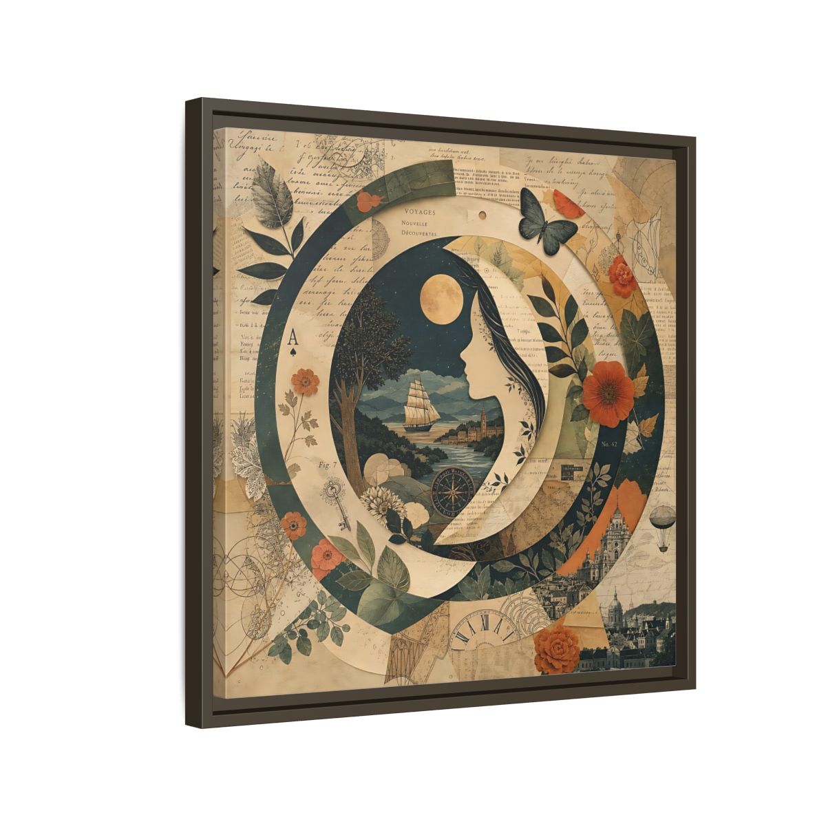 Side Mockup 11. Vintage Voyage Scene Vintage Collage shown as stretched canvas wall art