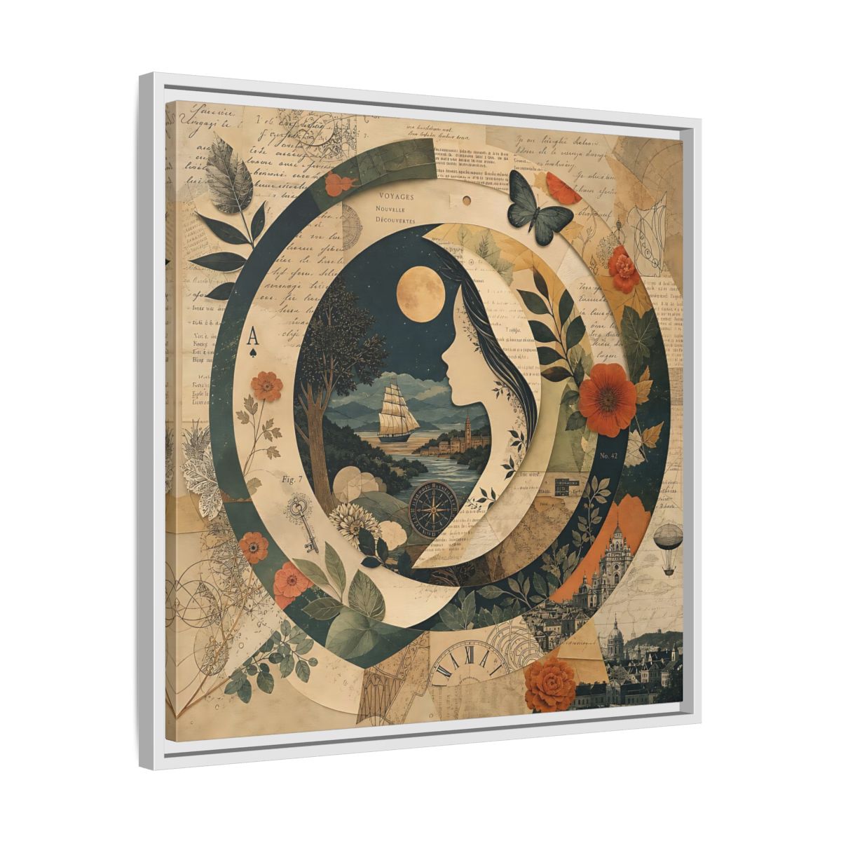 Side Mockup 26. Vintage Voyage Scene Vintage Collage shown as stretched canvas wall art