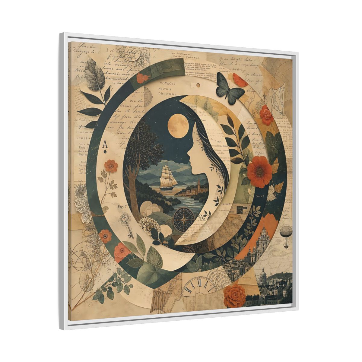 Side Mockup 25. Vintage Voyage Scene Vintage Collage shown as stretched canvas wall art