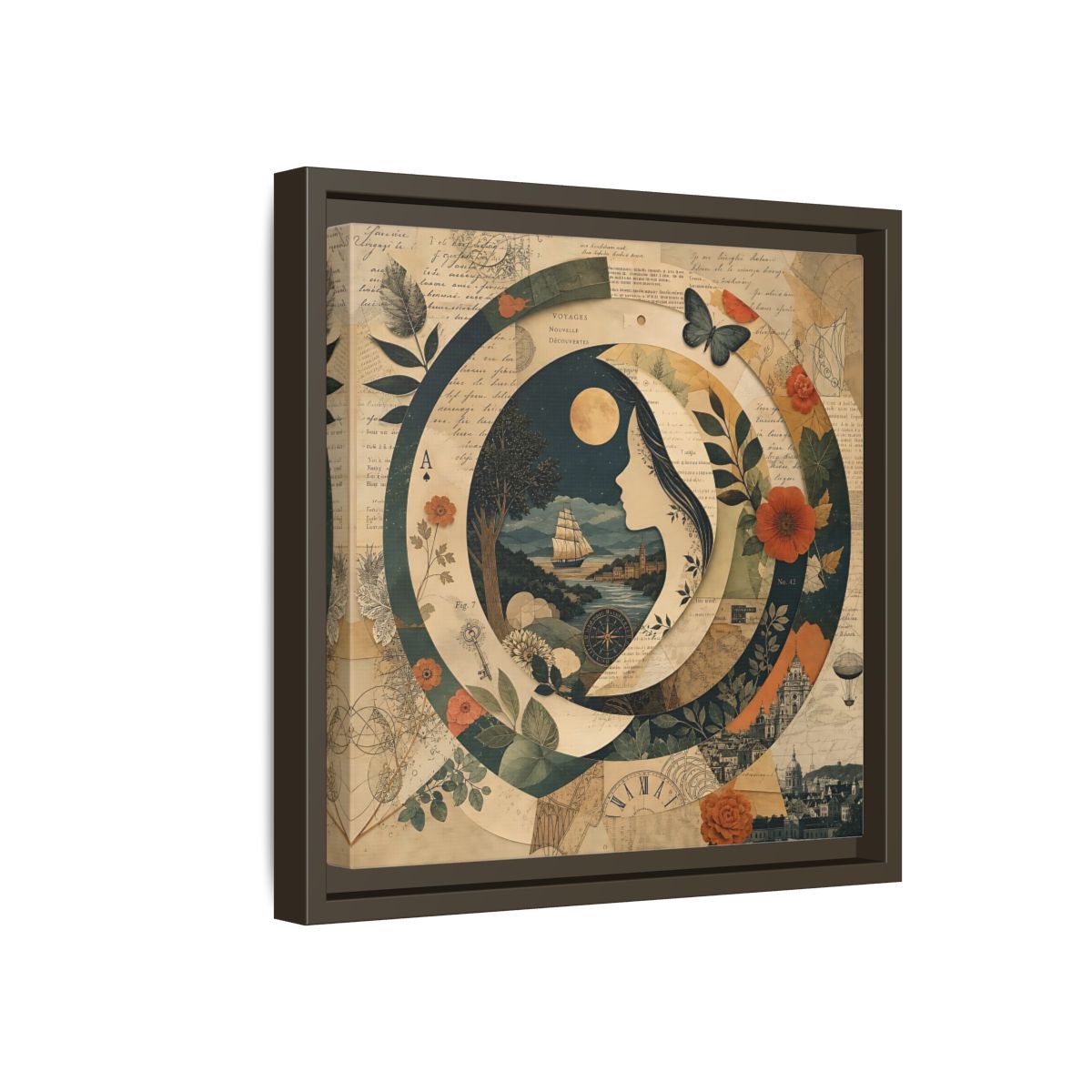 Side Mockup 17. Vintage Voyage Scene Vintage Collage shown as stretched canvas wall art